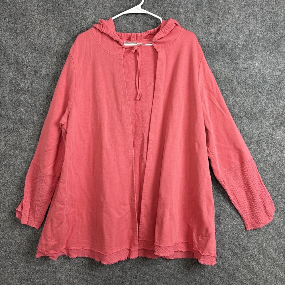 LOGO Lori Goldstein Jacket Womens Size XL Pink Terry Pockets Open Front Hooded